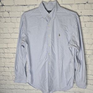 Polo by Ralph Lauren Men's Light Blue and White Striped Shirt Classic Fit Size L